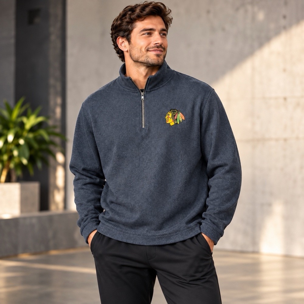 Chicago Blackhawks NHL Mens 2XL Quarter Zip Fleece Pullover Gray Hockey Casual